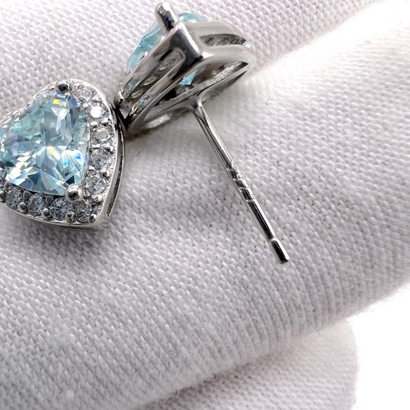 .925 Sterling Silver Aquamarine Cz & Clear Cz Heart Earrings - Picture 6 of 16